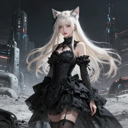 beautiful concept art of lunar cyberpunk city showing a beautiful girl with long platinum blonde hair, two - side up and cat ears standing in a black gothic frilly dress, ayami kojima, digital painting,!! super detailed!!, spectacular w - 7 6 8