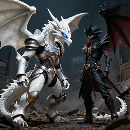 a blue - eyes white dragon ( from the yu - gi - oh ), heavily armed and armored facing down the dark magician ( from yu - gi - oh ), in a dark and gritty version from the makers of mad max : fury road. witness me.