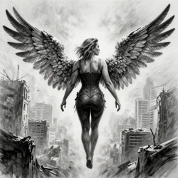 scarlett johansson with wings centered on back, flying through a post apocalyptic city, full figure charcoal sketch, black and white, hyper realism, centered in portrait, 8 k, realistic, photo real, smooth, sharp, intricate detail, hyper detail, dramatic lighting, dramatic shading