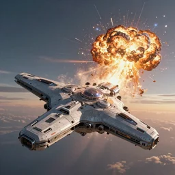 extremely detailed spaceship flying away from explosion of a star, stunning volumetric light, sunset, metal, concrete and translucent material, stunning skies, trending on Artstation, 8k, photorealistic, hyper detailed, unreal engine 5, IMAX quality, cinematic, epic lighting, in the style of Greg Rutkowski