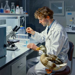 A mixed media painting of a scientist duck working in a pcr and microbiology lab, by Frank Frazetta, Greg Rutkowski, Beeple, post-processing, low angle, masterpiece, cinematic, isometric, volumetric lighting