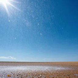 Massive raindrops floating over desolate land, sunny weather, perfect blue sky, rain, saturated colors, hyper detailed photorealistic