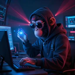 cyber monkey in the hoodie with with sunglasses hacking the system during the night with a blue red syren lights, lunarpunk, cinematic, ultra detailed, hyperrealistic