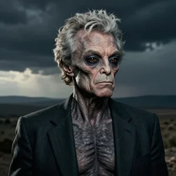 a grey alien with the hair of jay leno and the chin of jay leno