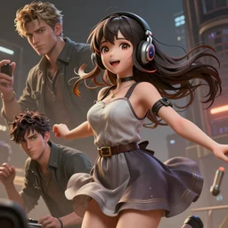 Very complicated dynamic composition, realistic anime style at Pixiv CGSociety by WLOP, ilya kuvshinov, krenz cushart, Greg Rutkowski, trending on artstation. Zbrush sculpt colored, Octane render in Maya and Houdini VFX, cute young brunette girl in motion, she expressing joy, wearing dress, headphones, silky hair, stunning deep eyes. In cityscape. Very expressive and inspirational. Amazing textured brush strokes. Cinematic dramatic atmosphere, soft volumetric studio lighting.