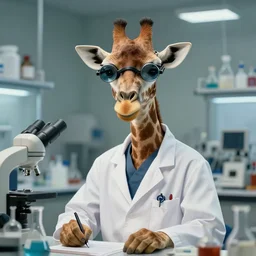 portrait of a proud old giraffe doctor working in a chemical lab, artwork by gaston bussiere, craig mullins, trending on artstation, giraffe dressed as a scientist, using googles and wearing a doctor coat