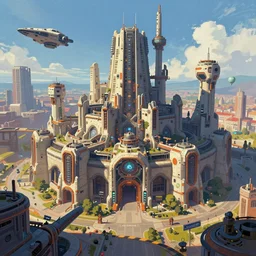 concept art by jama jurabaev, cel shaded, cinematic shot, trending on artstation, high quality, brush stroke, vibrant colors, science fiction, mechanical fortress, castle, industrial development, urban agglomeration, future science fiction, spaceship