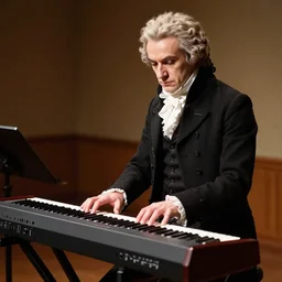 Picture of Mozart playing an electric synthetizer in concert