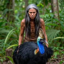angry middle aged lady standing over a defeated cassowary in the jungle, greek ethnicity, thin face structure, uncombed straight grey black hair, tribalism, photo, realistic, outdoor lighting, 4 k, 8 k, hd, 3 9 mm lens