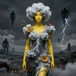 A portrait of a woman wearing clothes made out of thunder clouds and flowers, apocalypse, silhouettes floating in the air in the background, yellow skin, Masterpiece, glowing, wires everywhere, by Edgar Maxence and Ross Tran, Zdzisław Beksiński, and Michael Whelan, distant, gustav dore, H.R. Giger, 8k, octane render