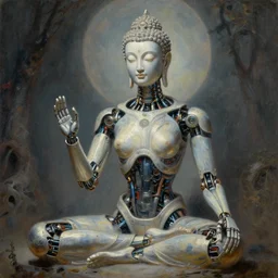 a biomechanical android alien robot female buddha teaching humans on enlightenment, concept art, intricate detail, volumetric shadows and lighting, oil painting by alex grey and gustave dore,