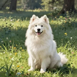 a samoyed dog sitting in the middle of sunny meadow, by John Romita Sr.