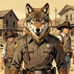 beautiful portrait commission of a male furry anthro timber wolf eyes wearing old-timey Sherriff's clothes in an old-timey desert town. Atmospheric. Character design by charlie bowater, ross tran, artgerm, and makoto shinkai, detailed, inked, western comic book art