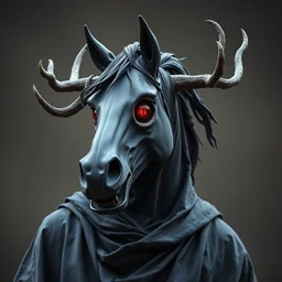 an ominous haunting horse mask with many red eyes and twisting antlers figure wearing a black robe, smiling full figure, statue