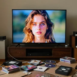 home photography portrait, A tv in living room, dvd package , cable, cardboards ; mess, dirty, summer, Color VHS picture quality with mixed noise
