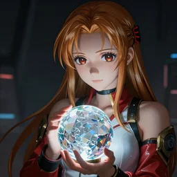 beautiful portrait of anime girl Asuna from Sword Art Online holding transparent crystal ball, smooth concept art, rich cyberpunk colors, moody volumetric lighting, 4K
