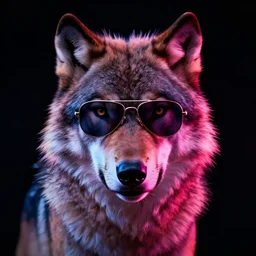 still of a poster with a close up photo of a real wolf wearing aviator sunglasses, black background, in the movie Blade Runner 2049, HD, neon lit, highly detailed, no text