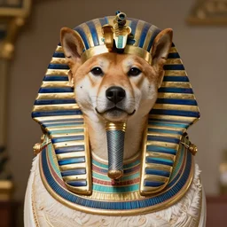 funerary mask of tutankhamun but the face is a shiba inu, the pharoah was actually a dog