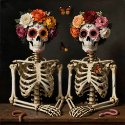 two skeletons next to each other, flowers for eyes, lots of flowers, butterflies and worms, day of the dead, Dutch masters, still life, classic art