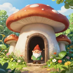 anime gnome on doorstep of mushroom house, under lush green plants and flowers, hyper realism, macro shot, blue sky, sunny