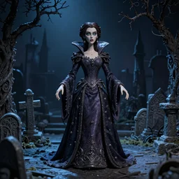 photo taken of an epic intricate, ultra detailed, super realistic stop motion puppet of a majestic gracious regal aristocratic brunette female vampires in a night time graveyard filmset created by weta workshop and tim burton, menacing, wide angle, moody full body shot, photorealistic, sharp focus, gloomy, extremely cold blueish colour temperature, 3 5 mm, f 1. 4