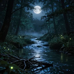 Beautiful forest river in the night, cyberpunk color scheme, hyperdetailed twigs and plants, moonlit nightscape, bioluminiscent fireflies, layered fog, moody lighting, photorealistic digital arts, artstation HD, 8K