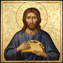 orthodox icon depicting christ eating street tacos, 15th century, by Andrei Rublev