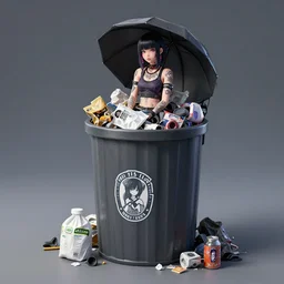 full view, from a distance, of anthropomorphic trashcan full of trash, who is cyberpunk girl with tattoos, style of yoshii chie and hikari shimoda and martine johanna, highly detailed