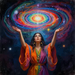 a shaman woman holding up the cosmic!!!! universe, by remedios varo, reflection, symbolist!, psychedelic colors, dramatic!! lighting, smooth, sharp focus, extremely detailed, aesthetically pleasing composition