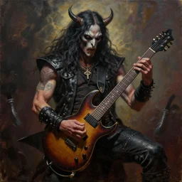 oil on canvas, the satanic god of heavy metal, shredding on guitar, ultra detailed, digital art, upscaled to 4k