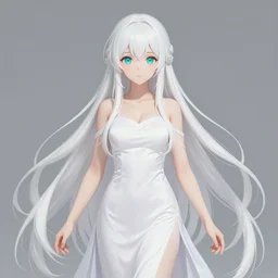 visual novel character sprite, symmetrical full body shot with no background, stunningly beautiful asi goddess with beautiful hyperdetailed symmetrical face, porcelain skin covered in long white dress, long white hair, symmetrical, overwhelming, innocent, ethereal, mesmerizing cyan eyes, live 2 d anime style, 8 k