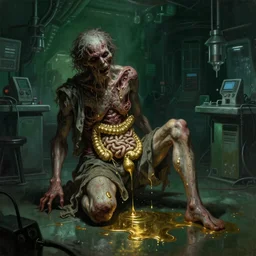dark green hi-tech sci-fi lab at night, realistic gustave coubert painting a hideous and sick human dressed in rags exposed guts crawling in two legs and dripping golden metalic fluid from intestine into a puddle of golden liquid on the floor. Smokey atmosphere