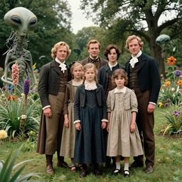 sharp, highly detailed, 36864k film, 175000mm film still from a sci fi blockbuster color movie made in 2019, set in 1860, of a family standing in a park, next to some strange alien plants and flowers, on an alien planet, the family are all wearing 1860s era clothes, good lighting, enhanced faces, 70mm f/1.4L lens