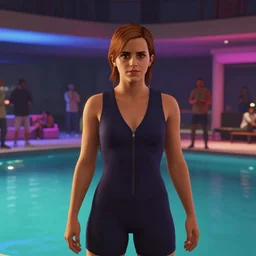 Emma Watson in a modern indoors pool party with cyberpunk illumination at night . GTA V In game render.