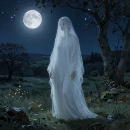 hyper detailed character portrait of a ghostly female figure standing in the forest plains of north yorkshire, a clear night, sky full of stars, moon in the sky, moonlight, moonlight god rays, sharp focus, illustration, concept art, alphonse mucha