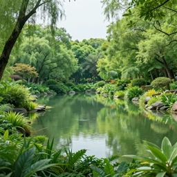 a dreamy oasis with lush green plants and trees surrounding a beautiful small lake