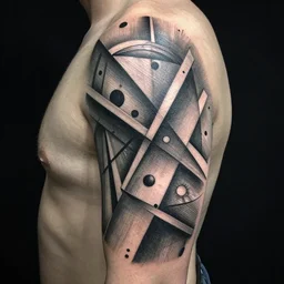 photorealistic trash polka tattoo with suprametism of kazimir malevich, fine drawing, thin strokes made by dmitriy samohin