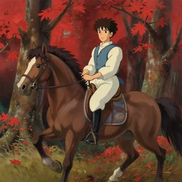 attractive man riding a horse in the woods with falling red leaves, painting by gaston bussiere, ghibli style