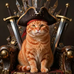 a stunning portrait of an orange pirate cat sitting on a throne made of swords, digital art, trending on art station
