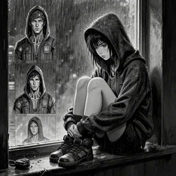 sadie sink in hoodie sits on windowsill, knees tucked in | rain falls at night : single storyboard panel, scifi cyberpunk, b & w. by gabriel hardman, joe alves, chris bonura. cinematic atmosphere, detailed and intricate, perfect anatomy