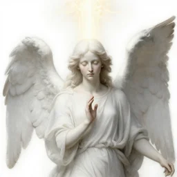 realistic medieval painting portrait of white angel with clean narrow face like noface, 3 / 4, miracle light coming up from the head up and up, misty space, grace and blessing, sfumato effect by hieronymus bosch, by leonardo da vinci, renaissance, christianity, glow effect, white background