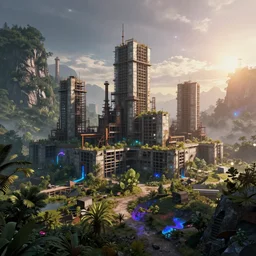 a beautiful very detailed render of fortress industrial architecture urbex abandoned nature building architecture unfinished building city by bjarke ingels, forest dramatic lighting gem cosmic meadow atlantis galactic morning sun postcyberpunk neon noir thermal imaging, archdaily, wallpaper, highly detailed, trending on artstation.
