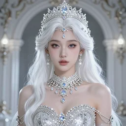 portrait of pretty princess with white hair, beauty, glowing, ornate and intricate diamond jewelry, jaw dropping, ornate and intricate backdrop, white accent lighting, hyper detailed, 4 k octane render