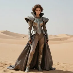 fashion model in year 3000, model wearing a surreal Avant-garde uniform, shot from the movie Dune