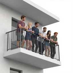 vfx, daring by kitty lange kielland. a experimental art of a group of people on a balcony, looking down at a street scene below. the experimental art is set in the rue des petits augustins, a street in paris's left bank district.