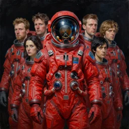 photorealistic futuristic space explorer portraits. red astronaut suit. oil painting. hyper detailed, dark, david lachapelle, artstation. craig mullins, ilya kuvshinov, greg rutkowski, artgem, dan mumford, josan gonzalez, victo ngai