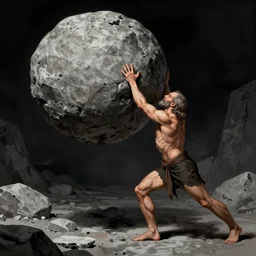 sisyphus pushing up a boulder in hades, digital art