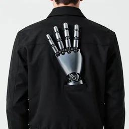 man with eight bionic hand on his back, wearing black jacket and black glassed, movie still, cinematic, with explosion in his background, very realistic, dramatic moment