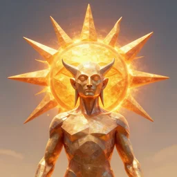 a blazing geometric sun above a techno cyclops god, detailed, 4 k, warm colours, by stanley donwood and philippe druillet,