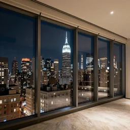 view of NYC from luxurious penthouse window, nighttime photography